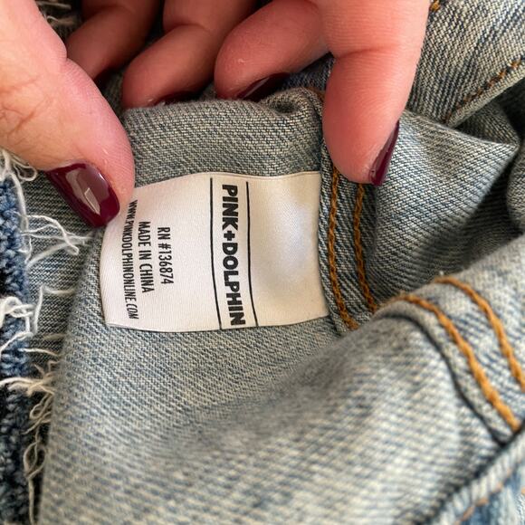 Pink Dolphin Women’s Denim Jacket XL Light Wash Distressed Frayed Hem Streetwear - Picture 10 of 15